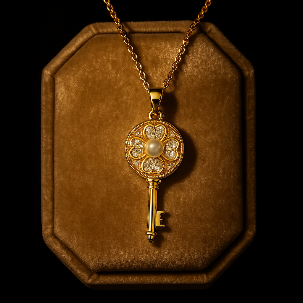 Gold key-shaped pendant on a chain displayed on a brown velvet cushion against a black background