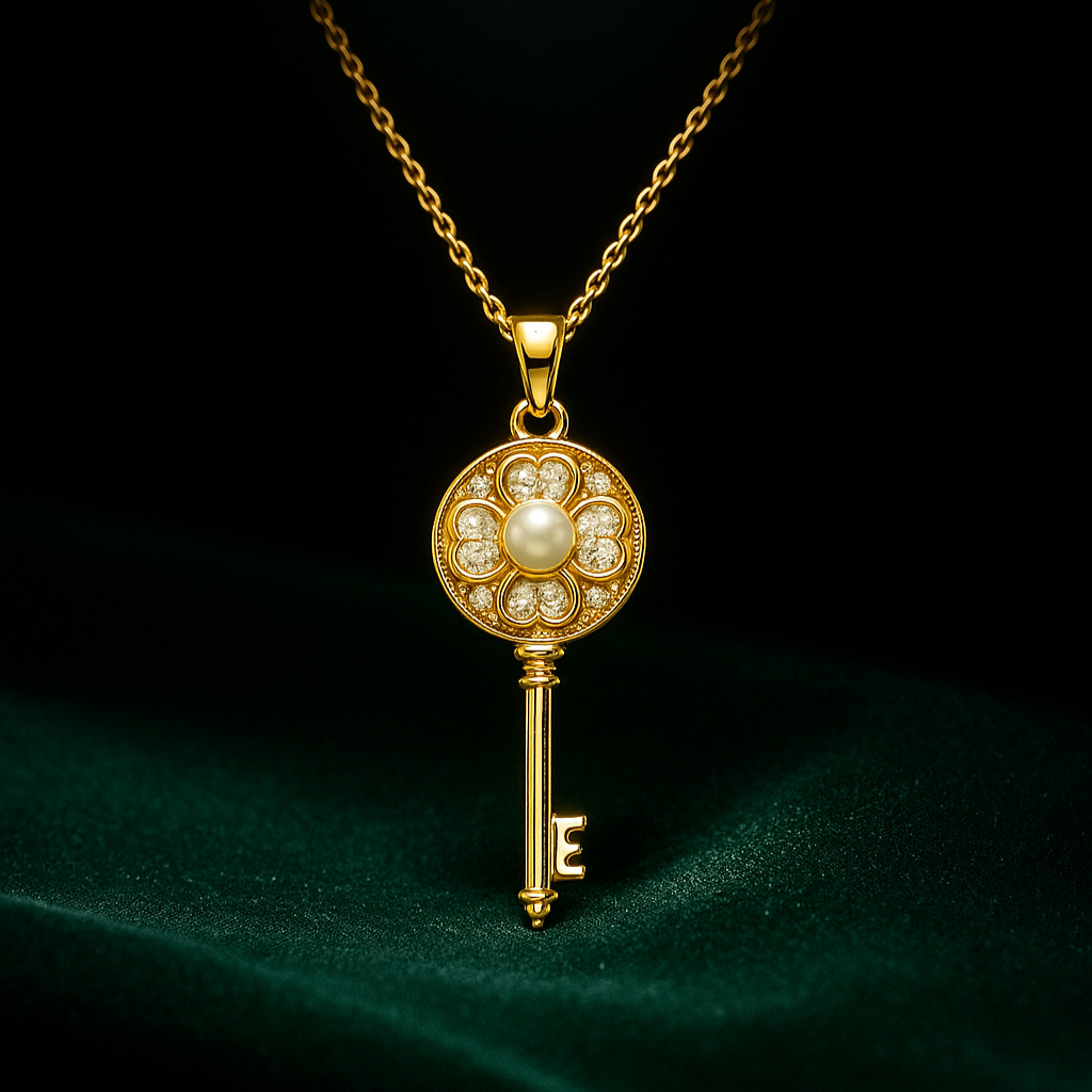 Gold key-shaped pendant necklace with a pearl on a dark background