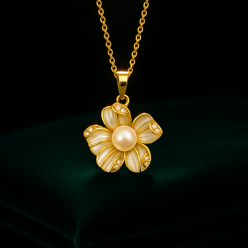 Gold flower-shaped necklace with a pearl center on a dark background