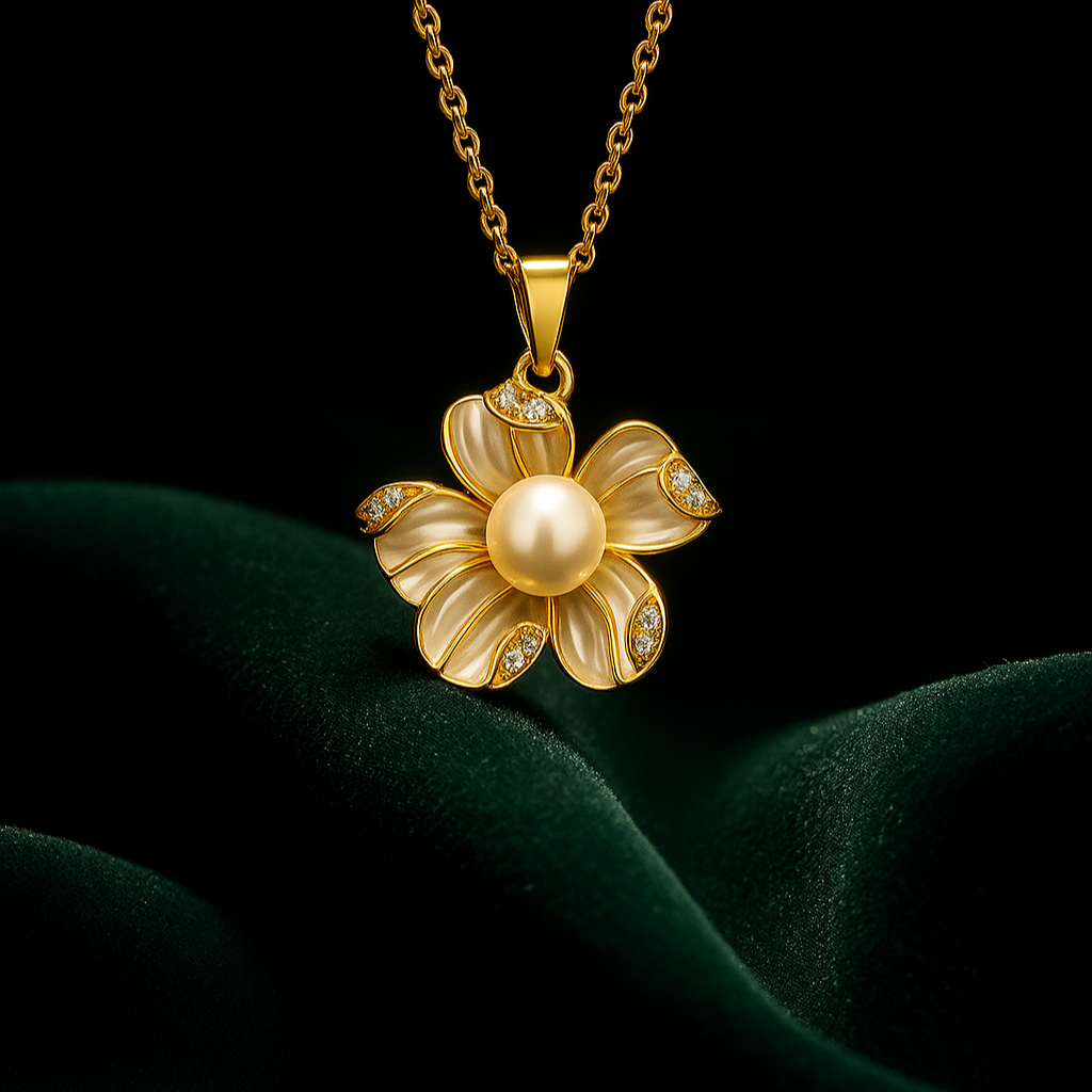 Gold flower-shaped pendant with a pearl on a dark background