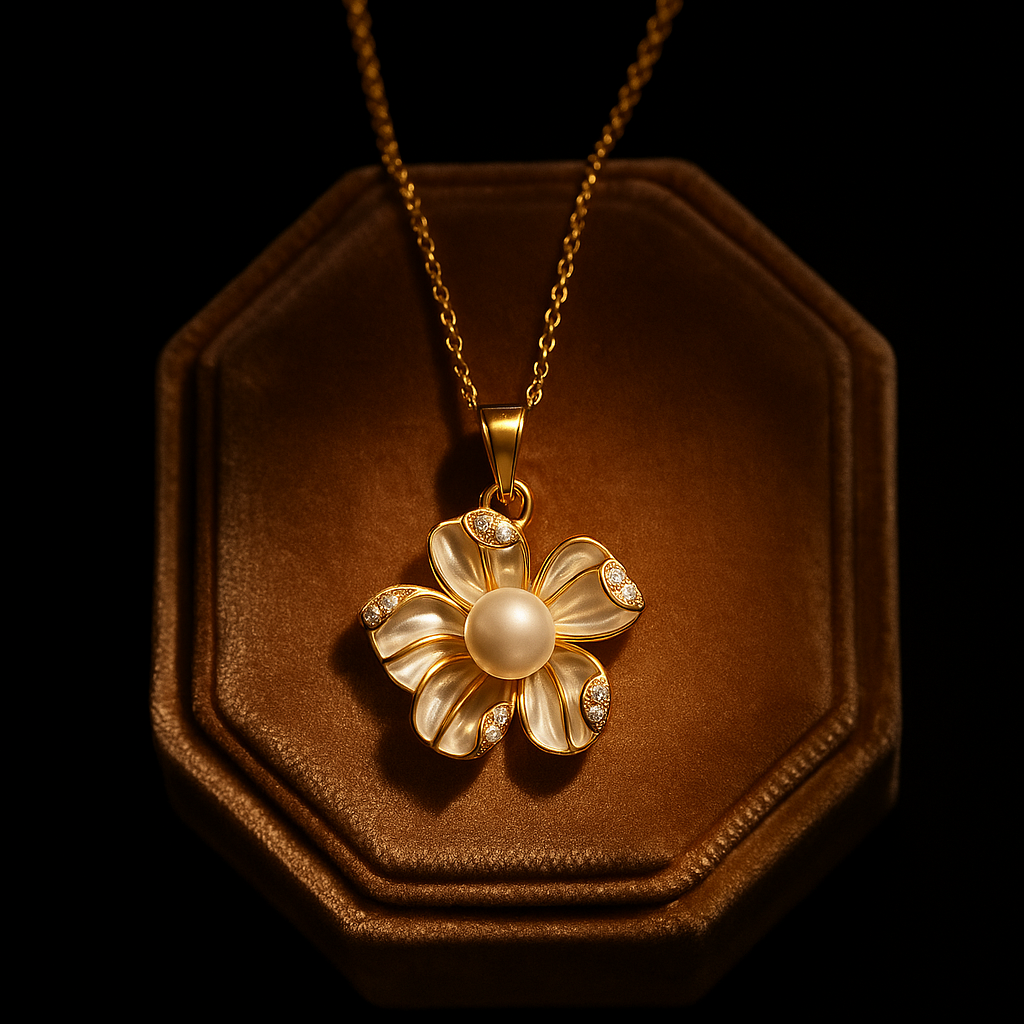 Gold necklace with a floral pendant on a brown hexagonal stand against a black background