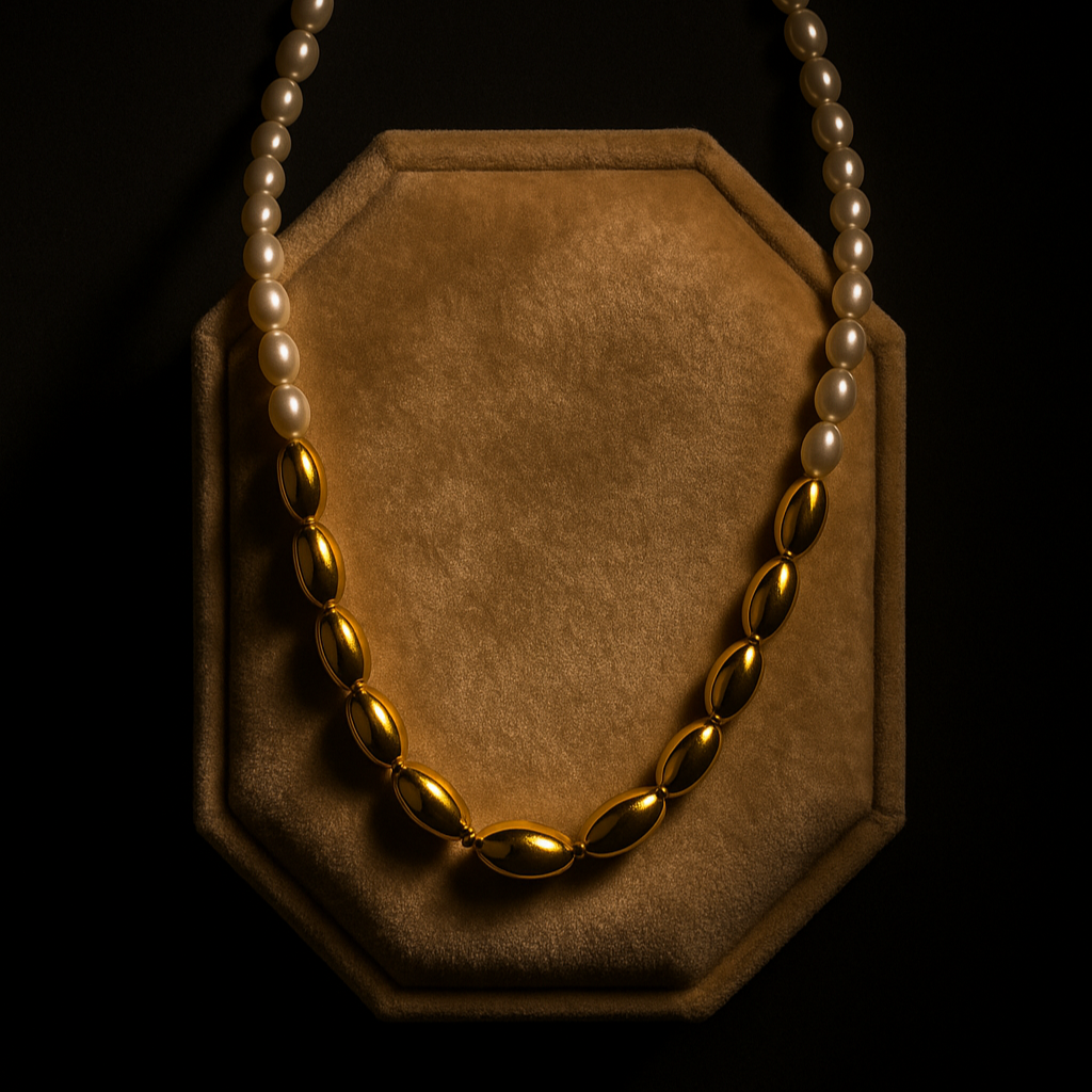 Gold necklace on a brown hexagonal display stand against a black background
