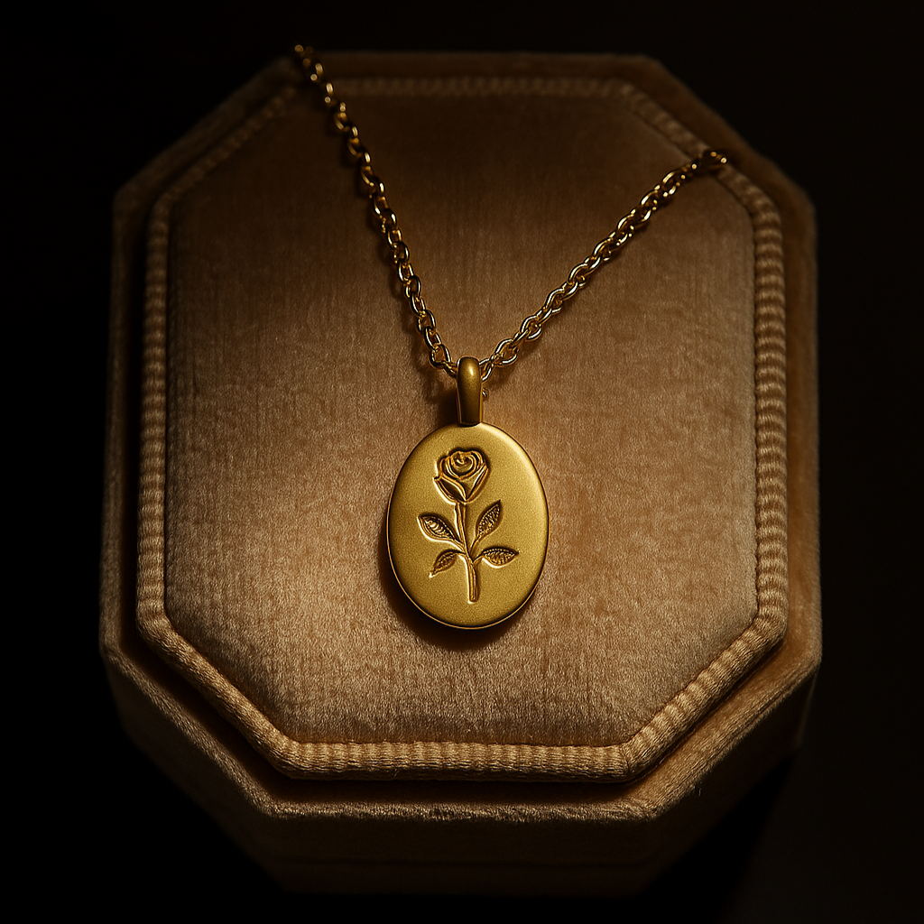 Gold necklace with a pendant featuring a rose design on a brown textured display box.