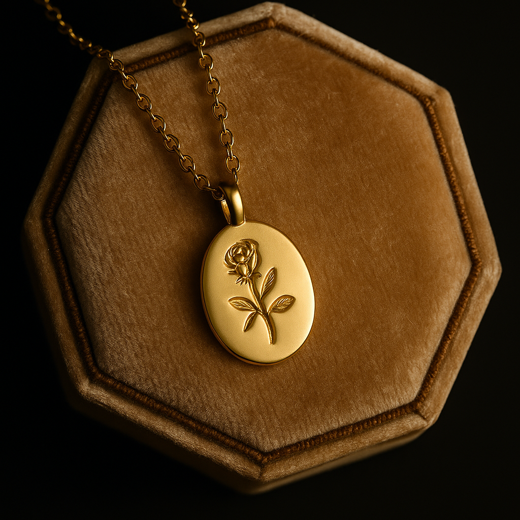 Gold necklace with a floral pendant on a brown hexagonal display stand against a black background