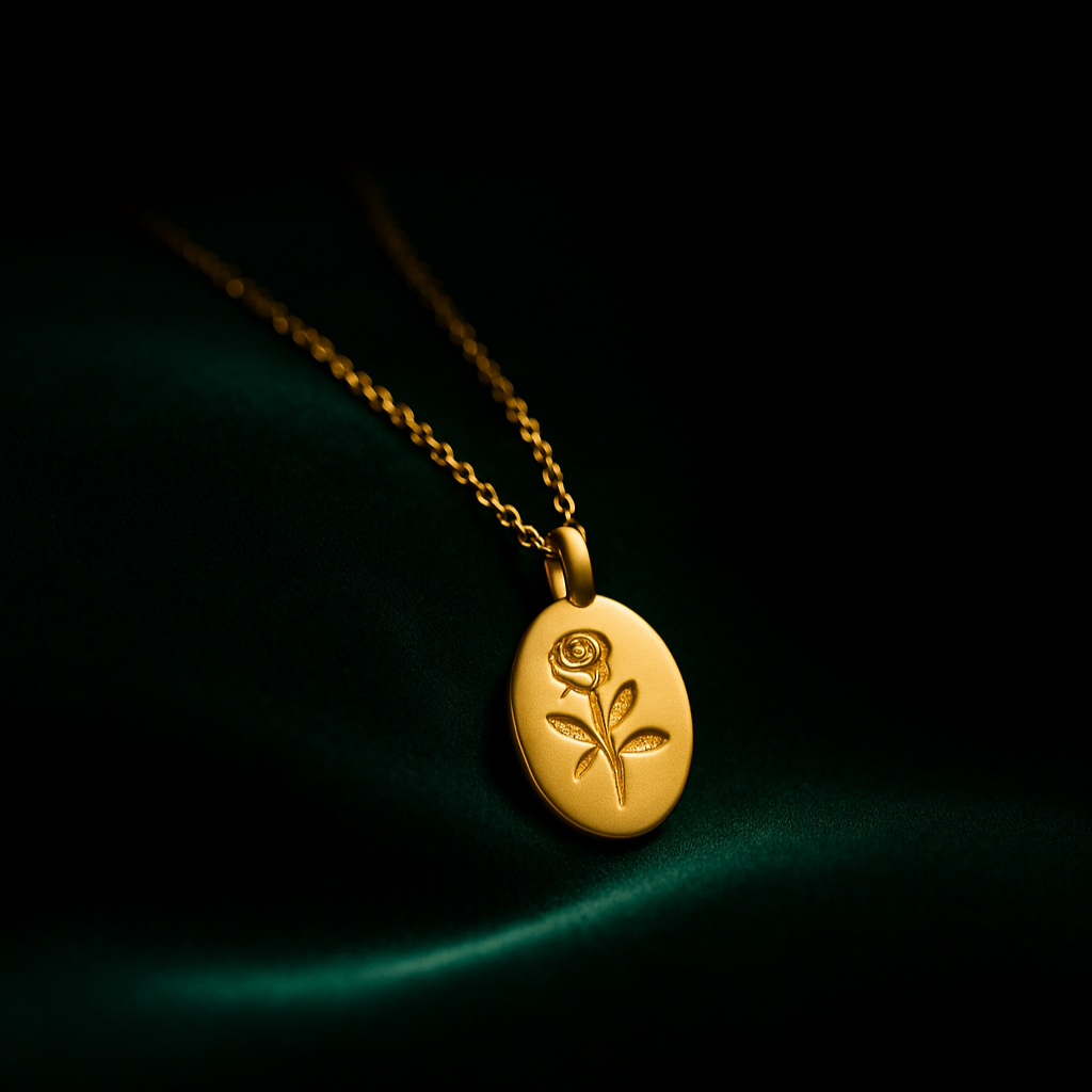 Gold necklace with a pendant featuring a rose design on a dark background