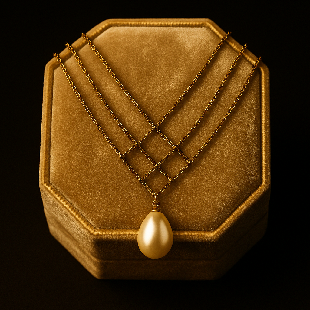 Gold jewelry box with a pendant on a black background