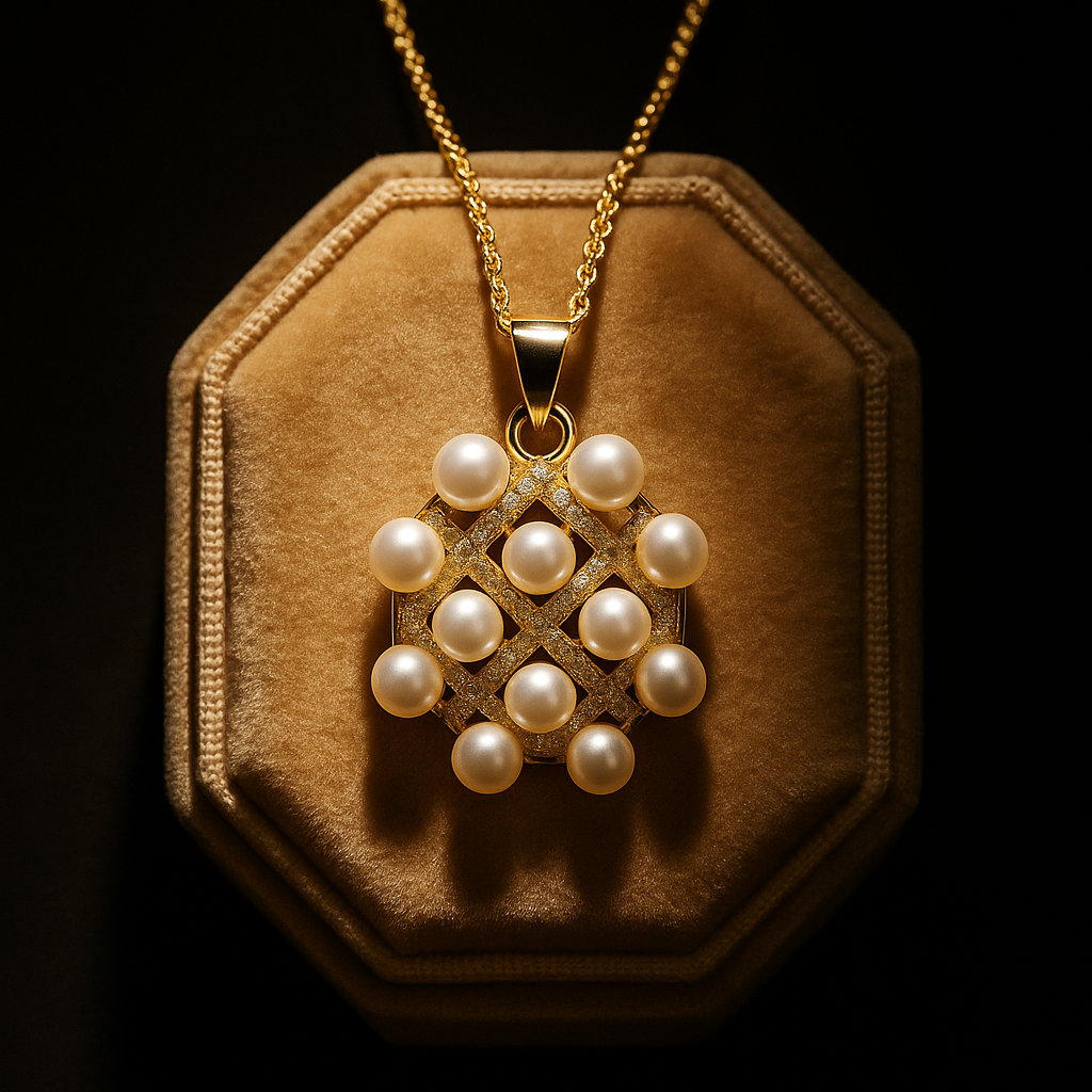 Pearl necklace on a gold chain in a hexagonal brown velvet box against a black background