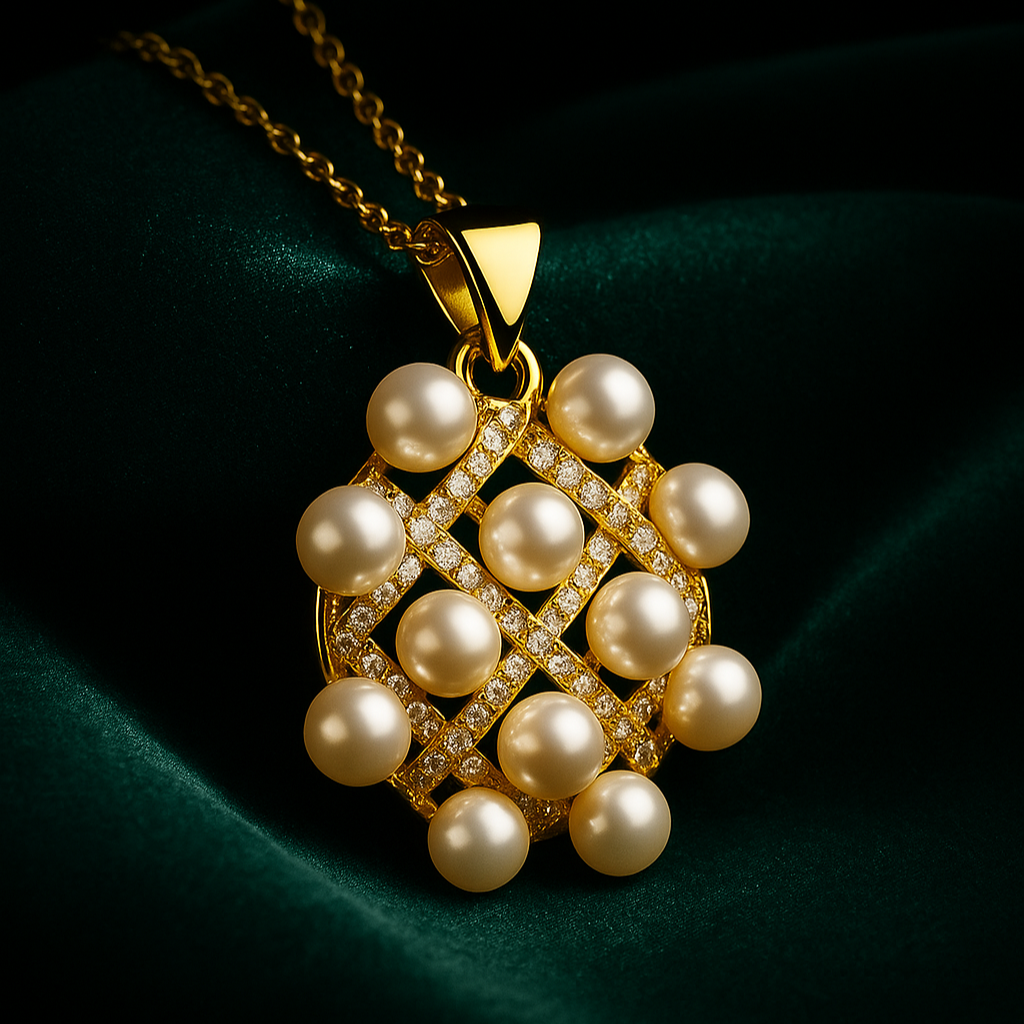 Gold necklace with a pearl pendant on a dark green fabric background