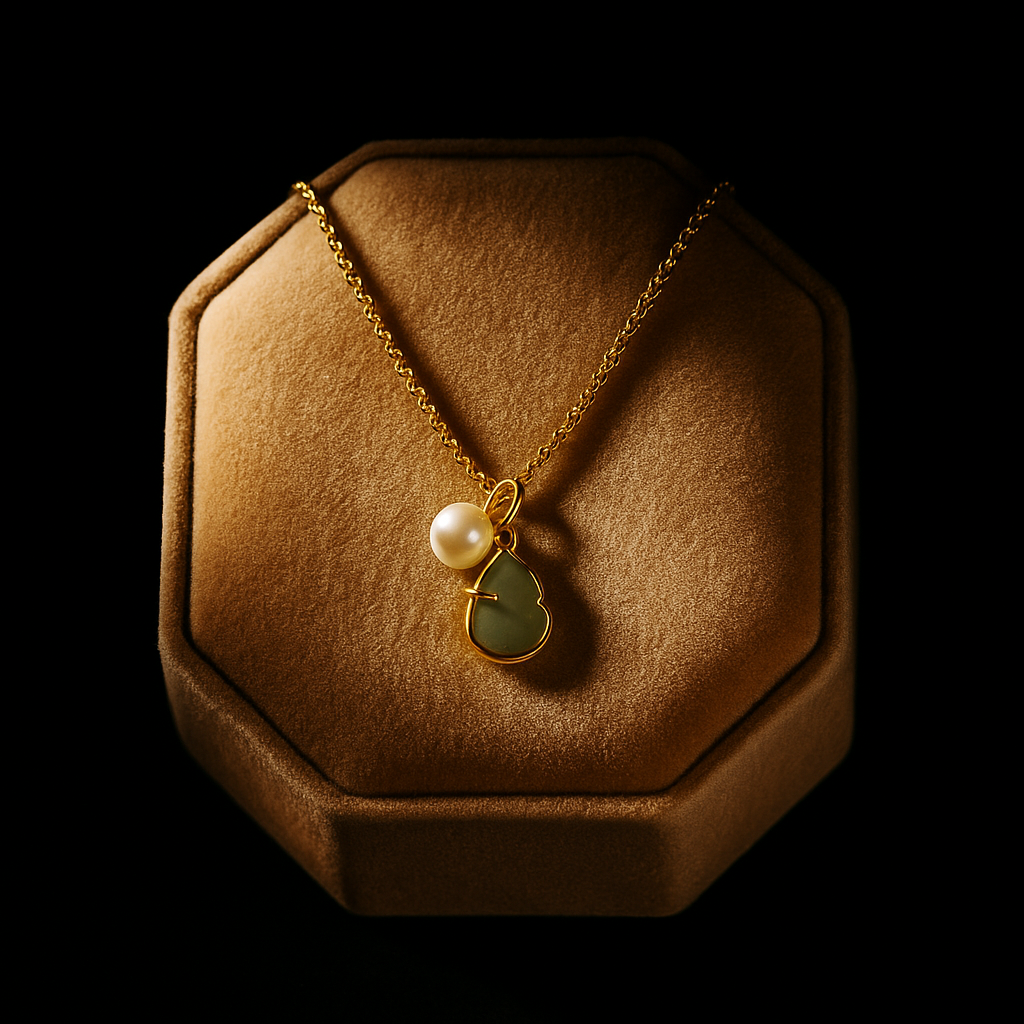 Gold necklace with a pendant on a brown jewelry display box against a black background