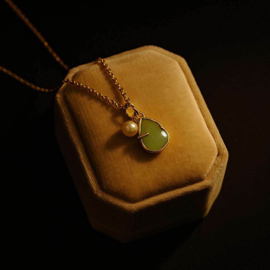 Necklace with a green pendant and pearl on a brown velvet cushion against a dark background