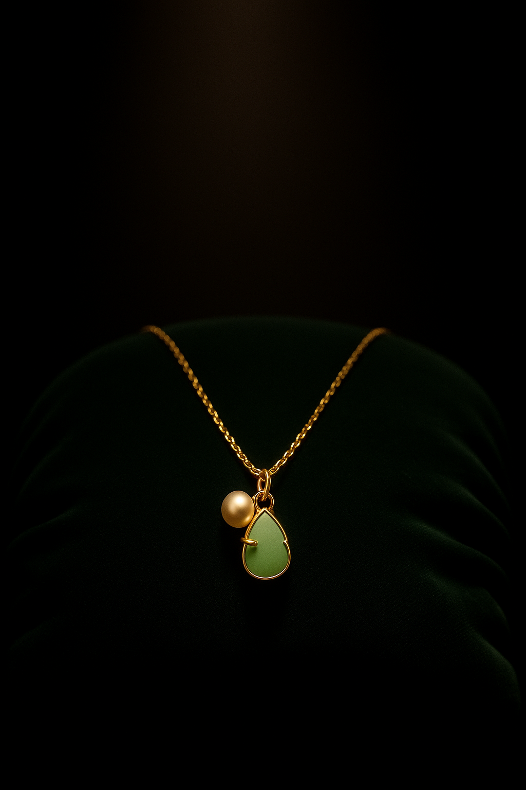Gold necklace with a green teardrop pendant on a dark background