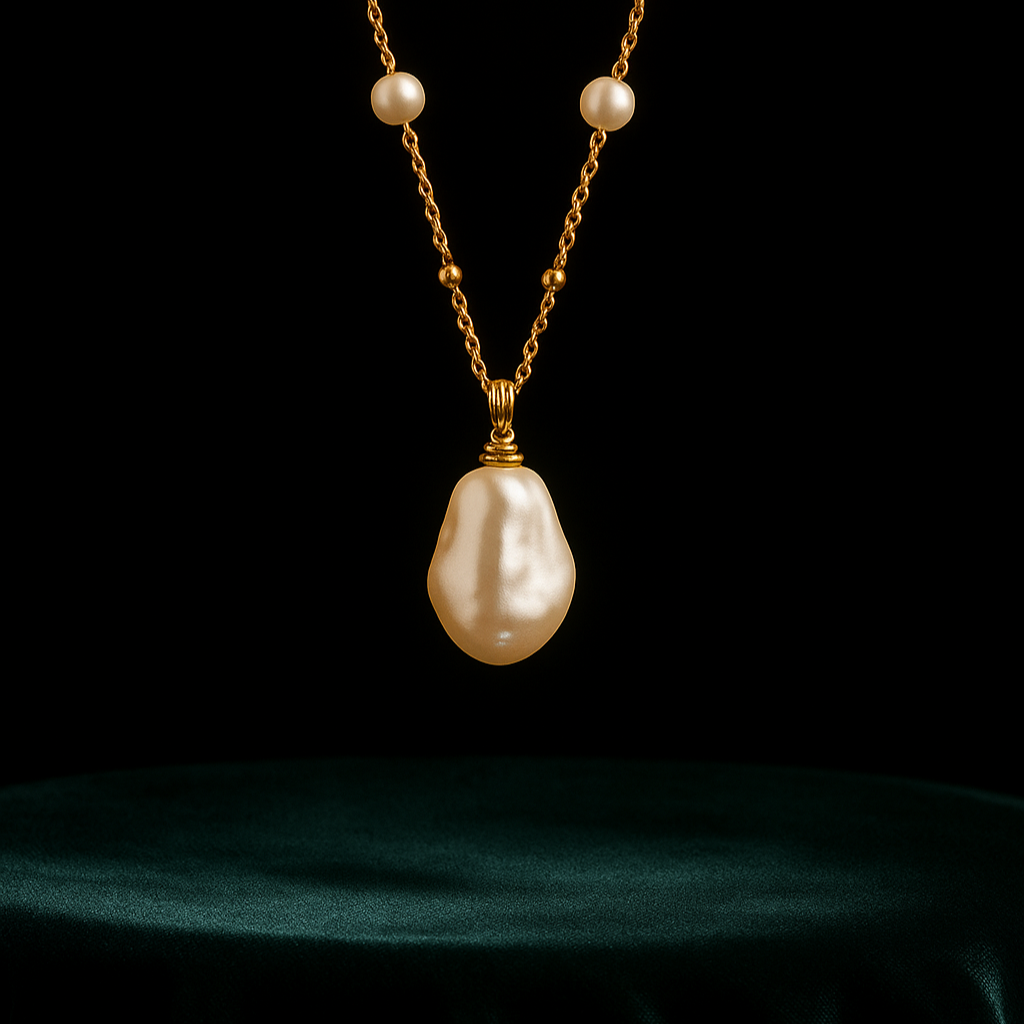 Pearl necklace with a gold chain on a dark background