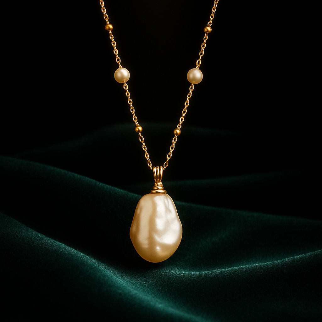 Pearl necklace with gold chain on a dark background