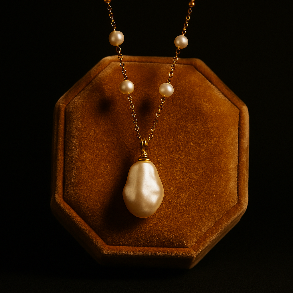 Pearl necklace with a large pearl pendant on a brown velvet stand against a black background