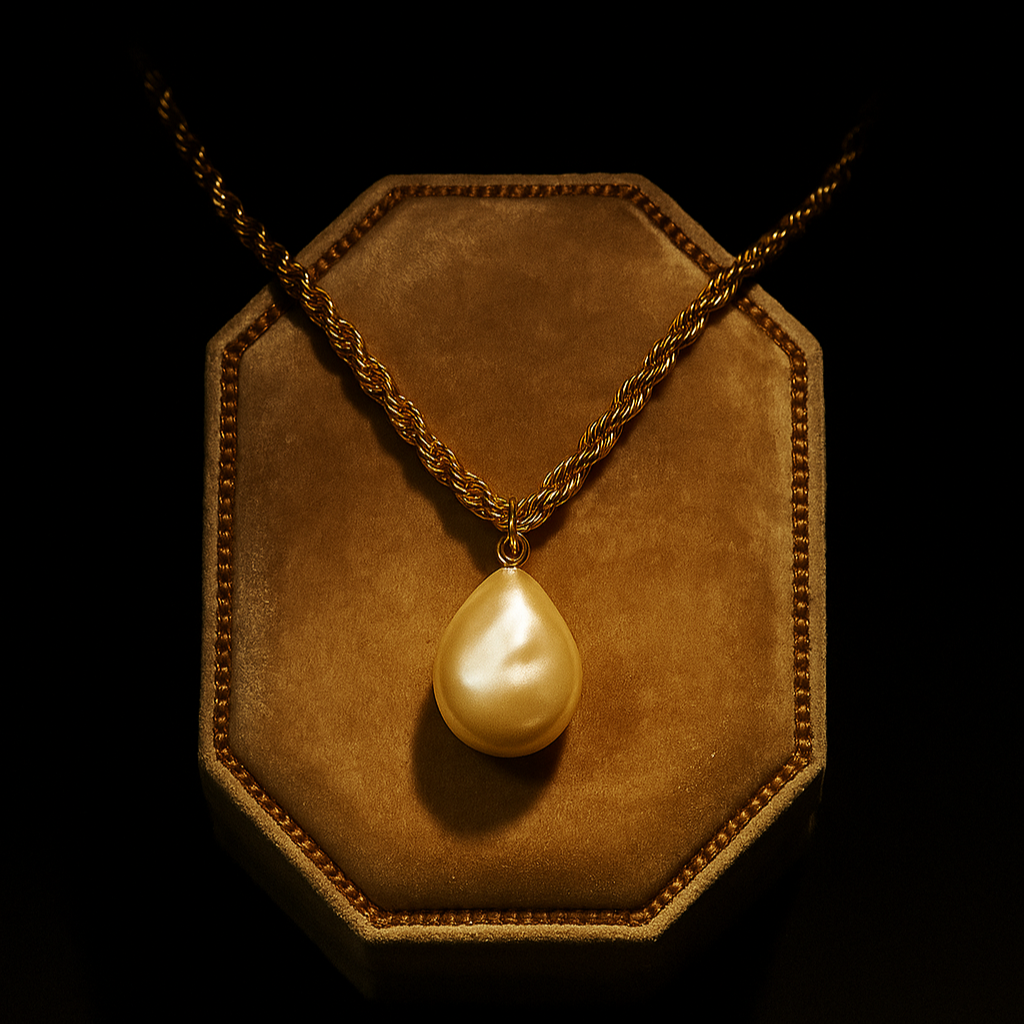 Pearl necklace on a brown hexagonal display stand against a black background