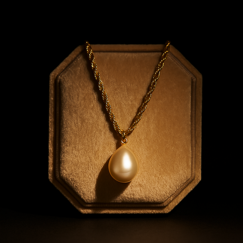 Gold necklace with a pearl pendant on a wooden stand against a black background