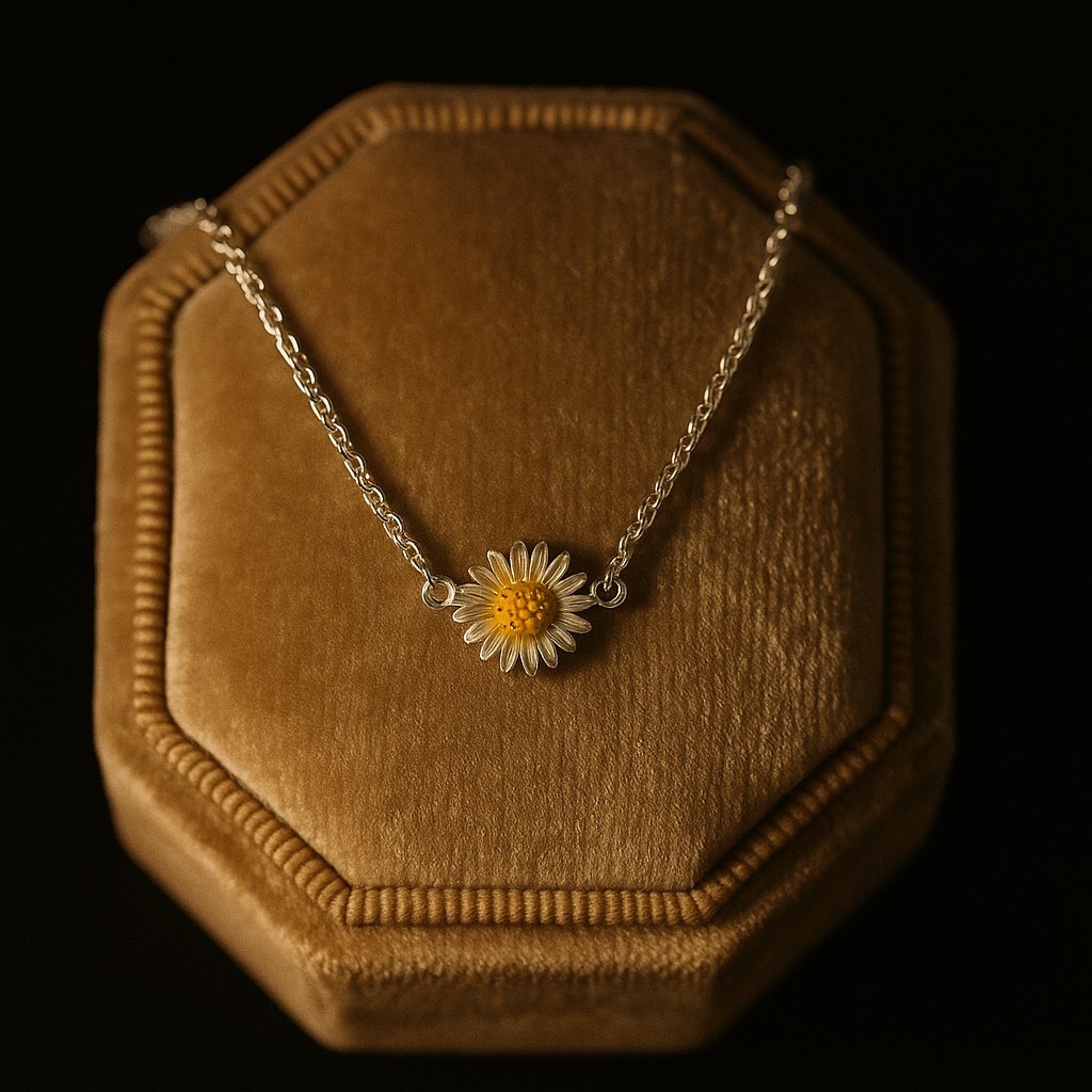 Necklace with a daisy pendant on a brown velvet stand against a black background