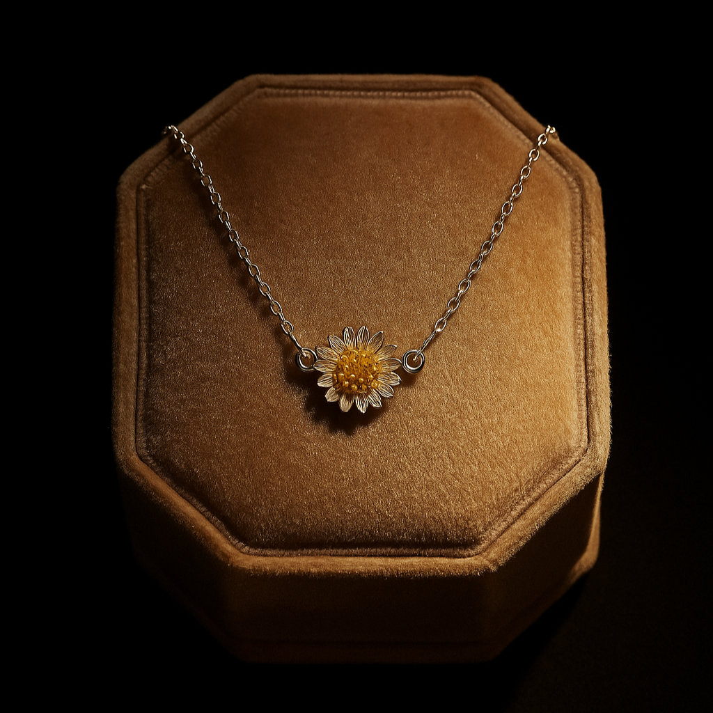 Necklace with a floral pendant on a brown velvet display box against a black background