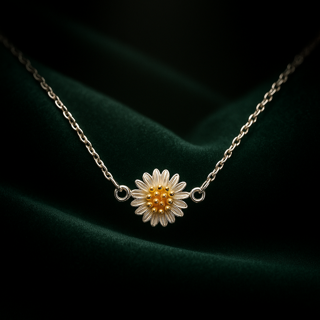 Necklace with a sunflower pendant on a dark green fabric background