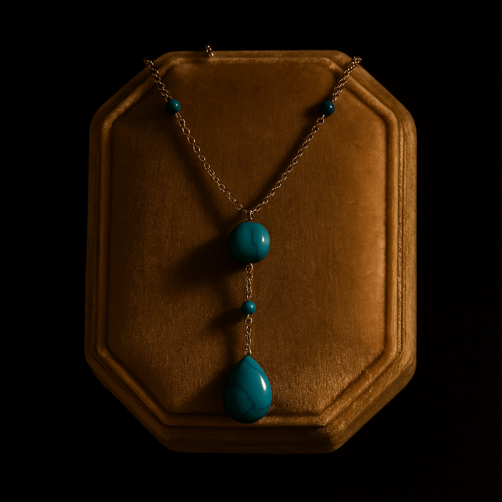 Necklace with turquoise beads on a brown velvet stand against a black background