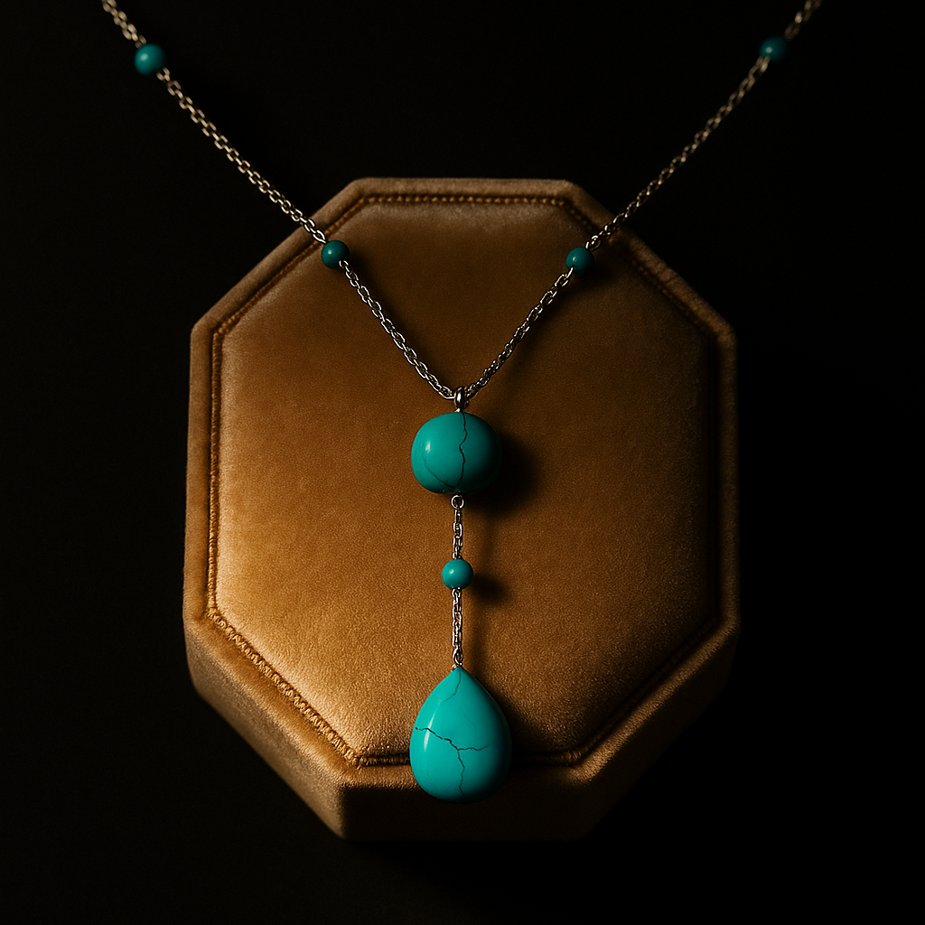 Necklace with turquoise beads on a brown hexagonal display stand against a black background
