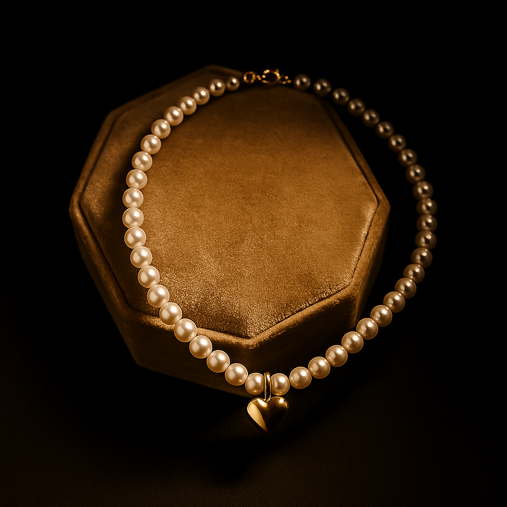 Pearl necklace on a brown velvet cushion against a black background