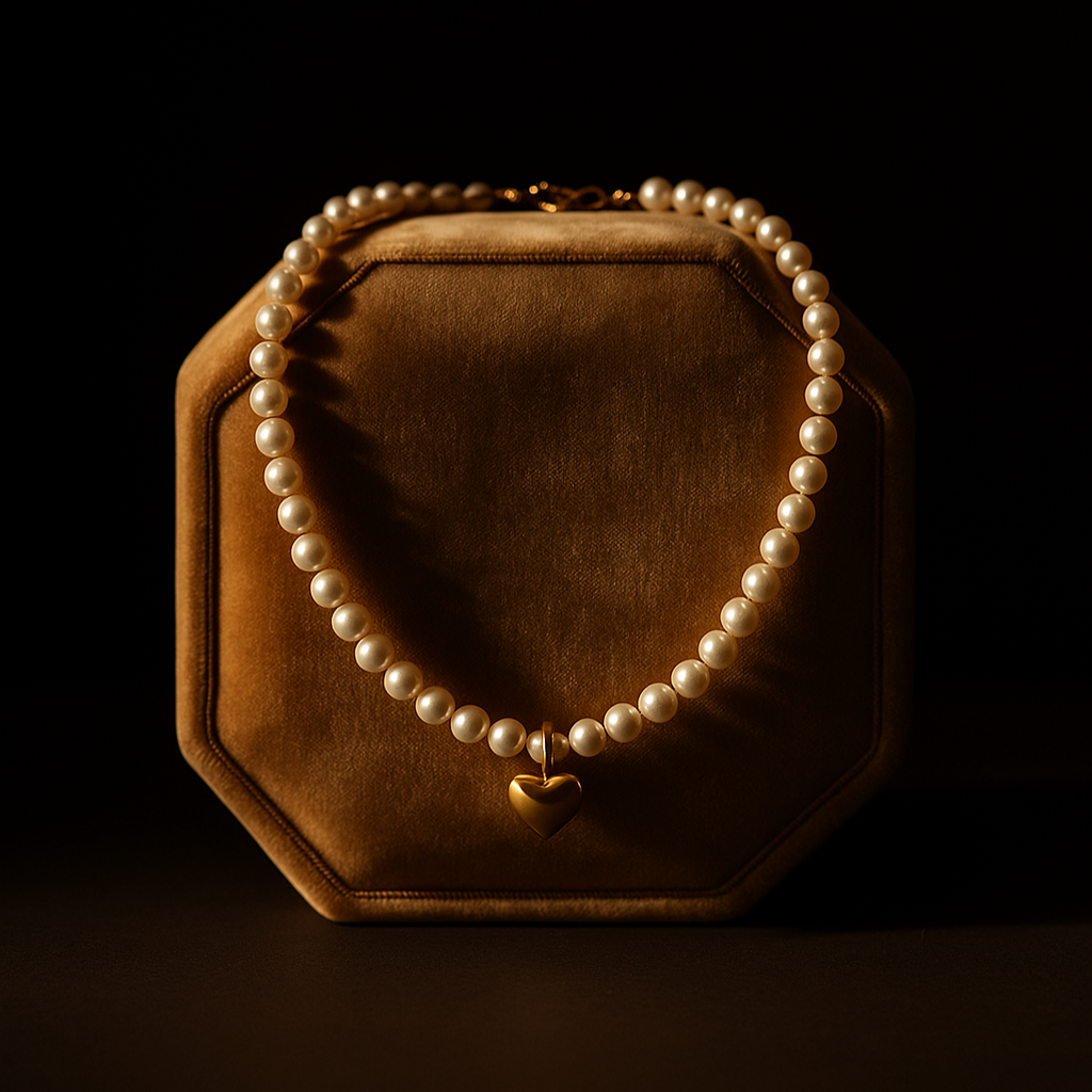 Pearl necklace on a brown velvet stand against a black background