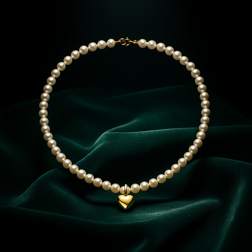 Pearl necklace with a gold heart pendant on a dark green fabric background