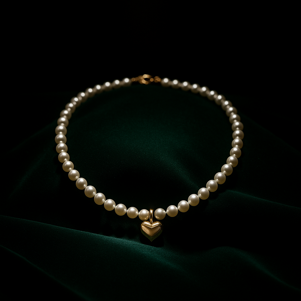 Pearl necklace with a gold heart pendant on a dark background