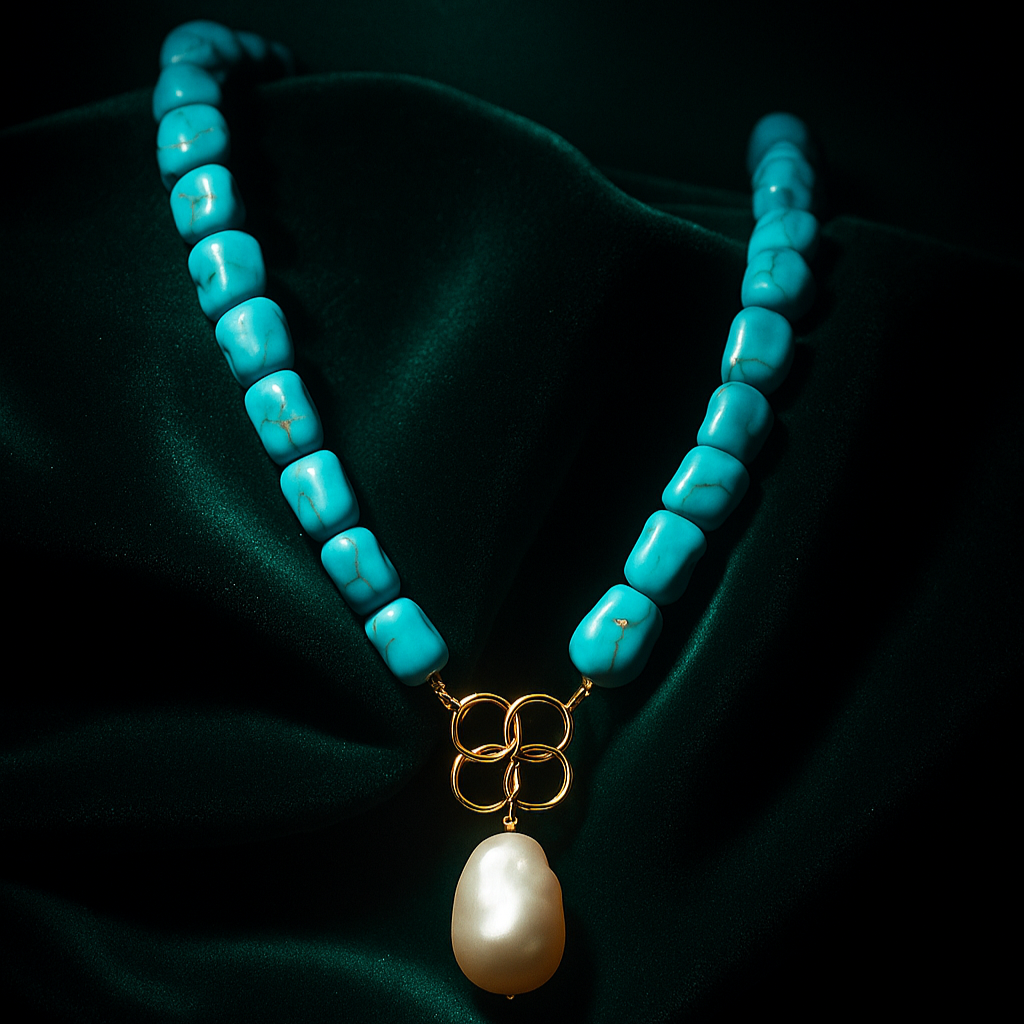 Turquoise beaded necklace with a pearl pendant on a dark fabric background