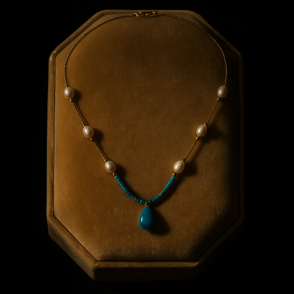 Necklace with a blue pendant on a brown velvet stand against a black background