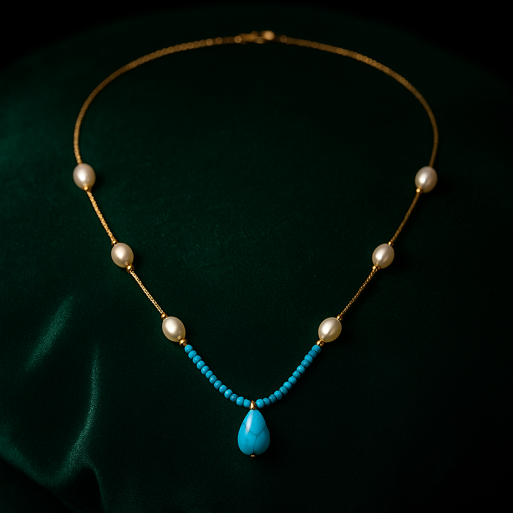 Necklace with pearls and a blue pendant on a dark background
