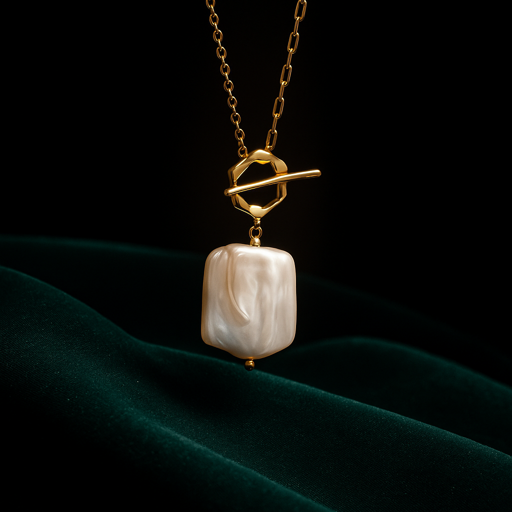 Necklace with a baroque pearl pendant on a dark green fabric background