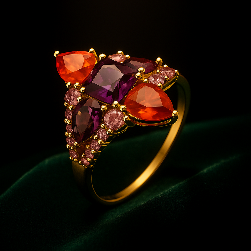 Gold ring with red, purple, and pink gemstones on a dark background