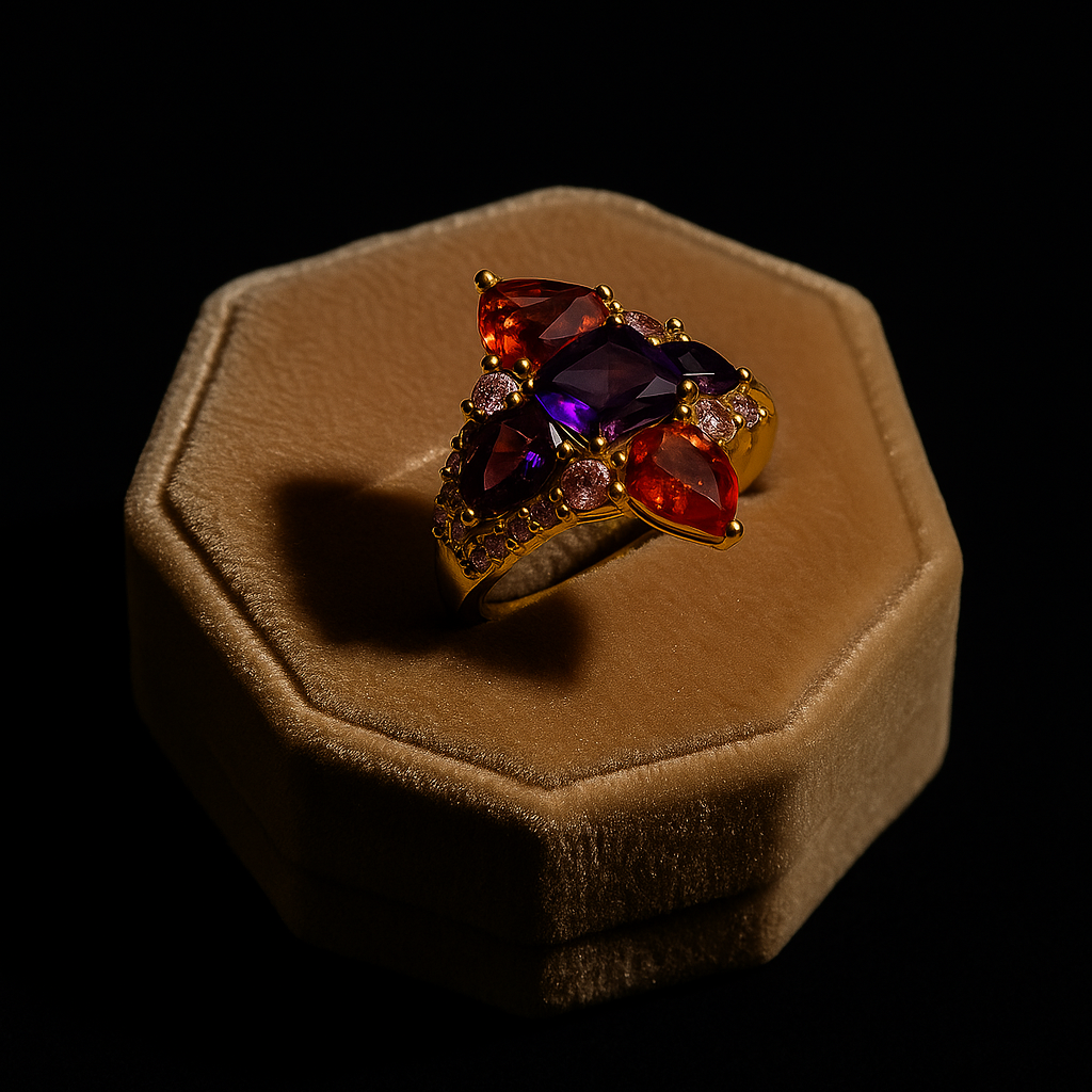 Ring with multicolored gemstones on a brown cushion against a black background