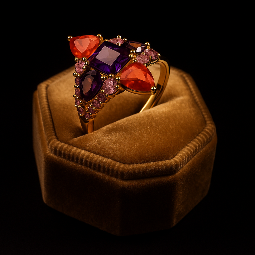 Ring with colorful gemstones on a brown cushion against a black background
