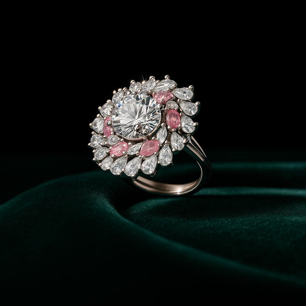 Elegant ring with pink gemstones on a dark background