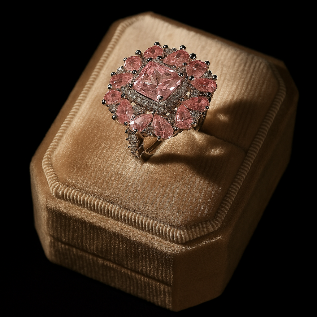 Ring with a pink gemstone in a brown velvet box on a black background
