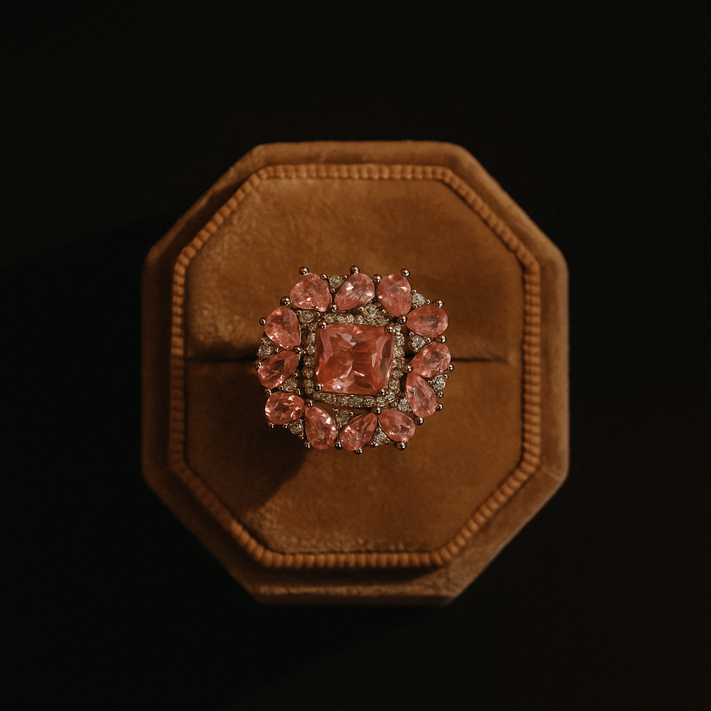 Ring with a prominent gemstone on a brown velvet cushion against a black background