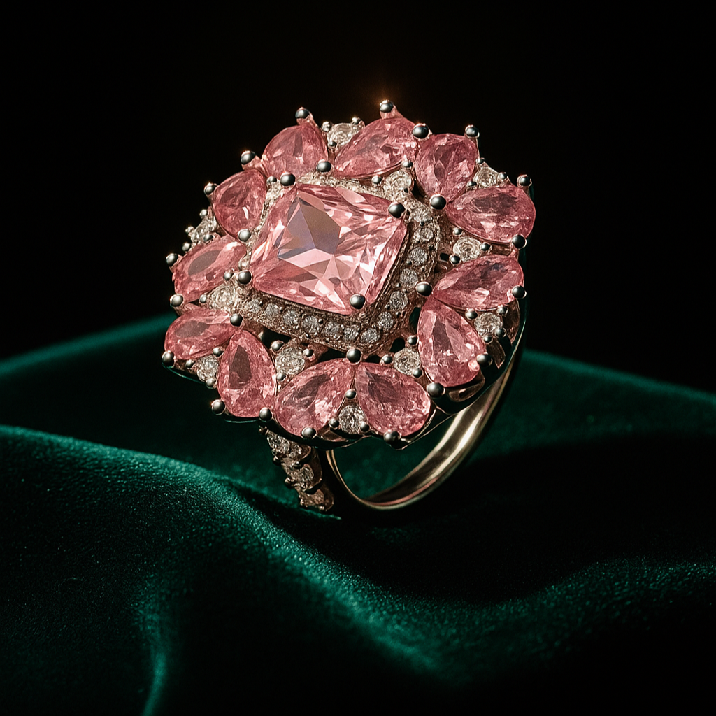 Pink gemstone ring with diamonds on a dark background