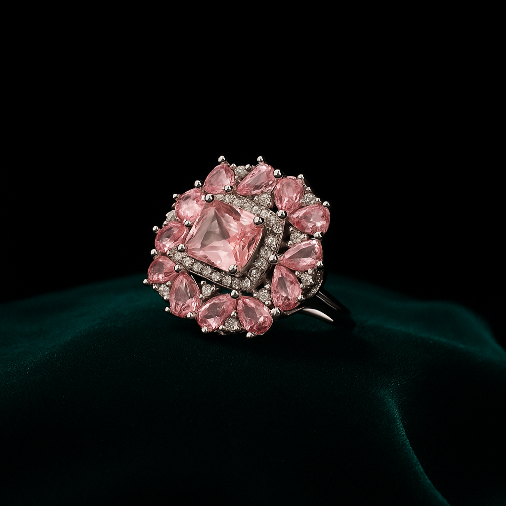 Ring with pink gemstone on a dark background