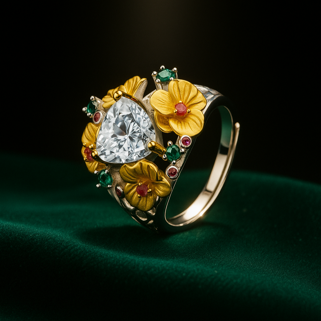 Gold ring with floral design and central diamond on a dark background