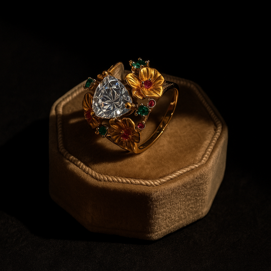 Gold ring with colorful gemstones on a brown velvet cushion against a black background