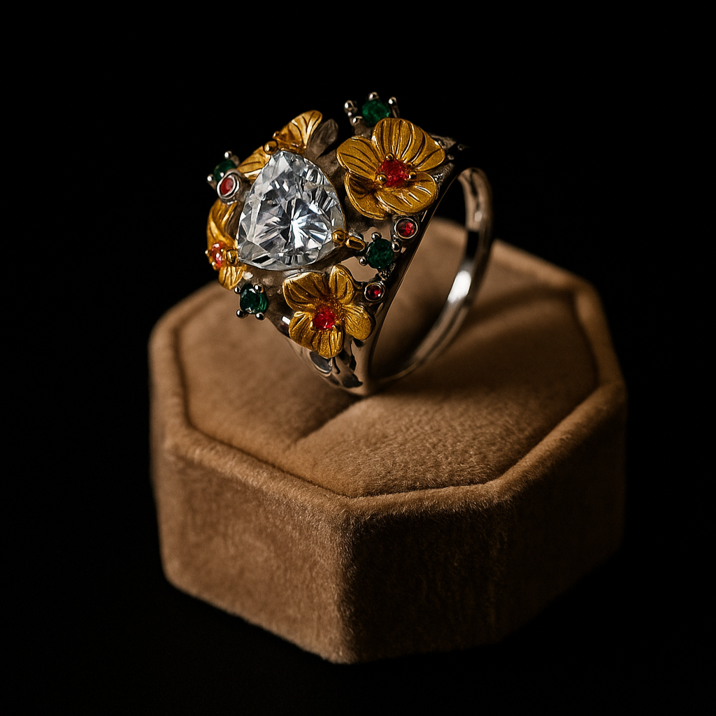 Silver ring with floral design and gemstones on a brown cushion against a black background