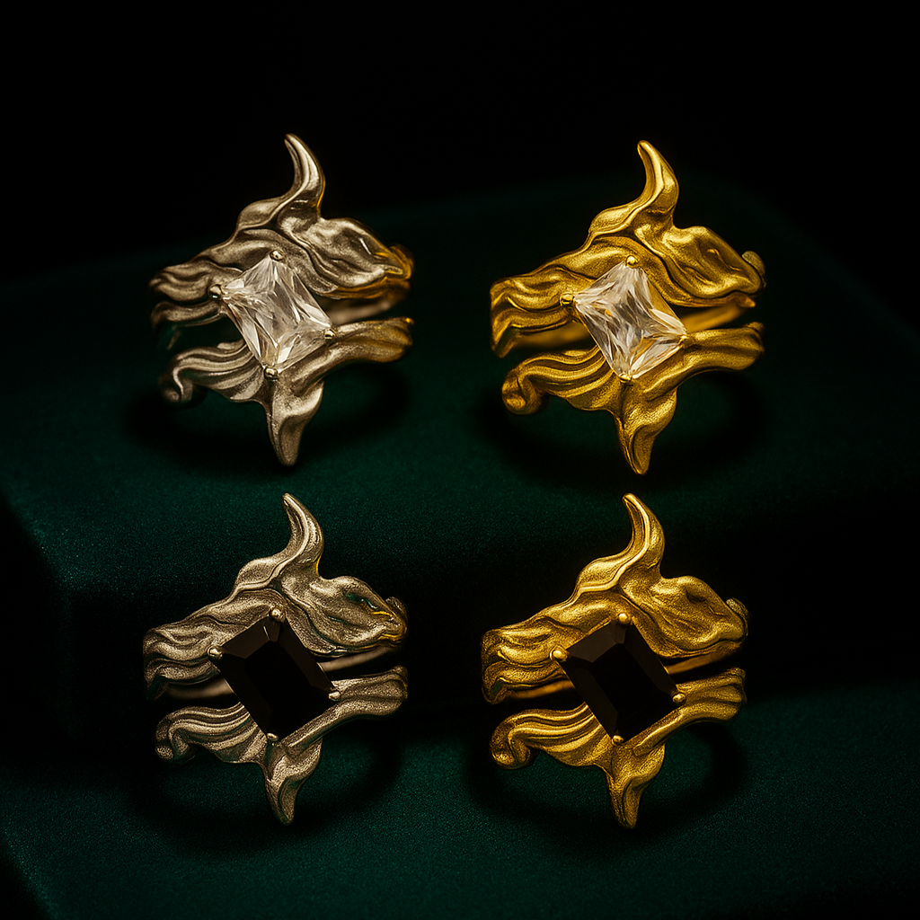 Four gold and silver animal-shaped pins on a dark background