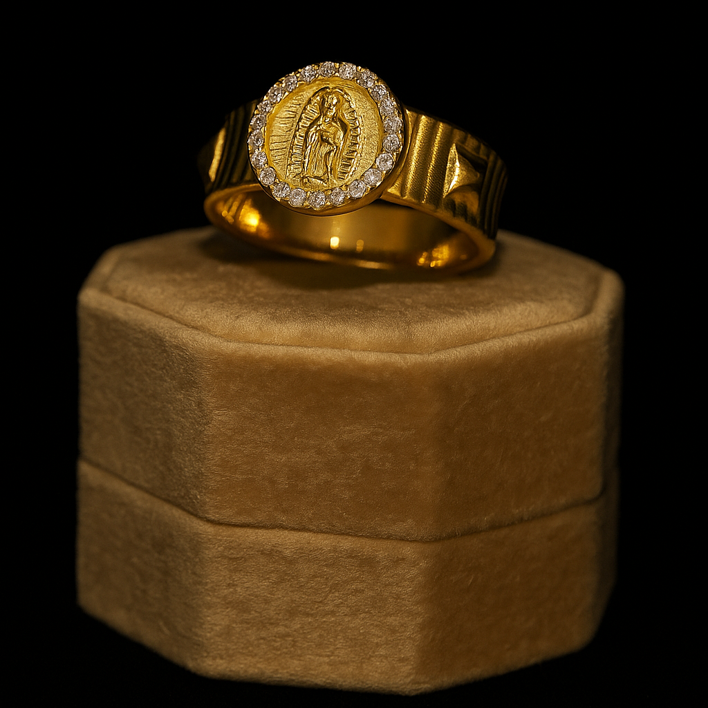 Gold ring with a circular design on a brown velvet stand against a black background