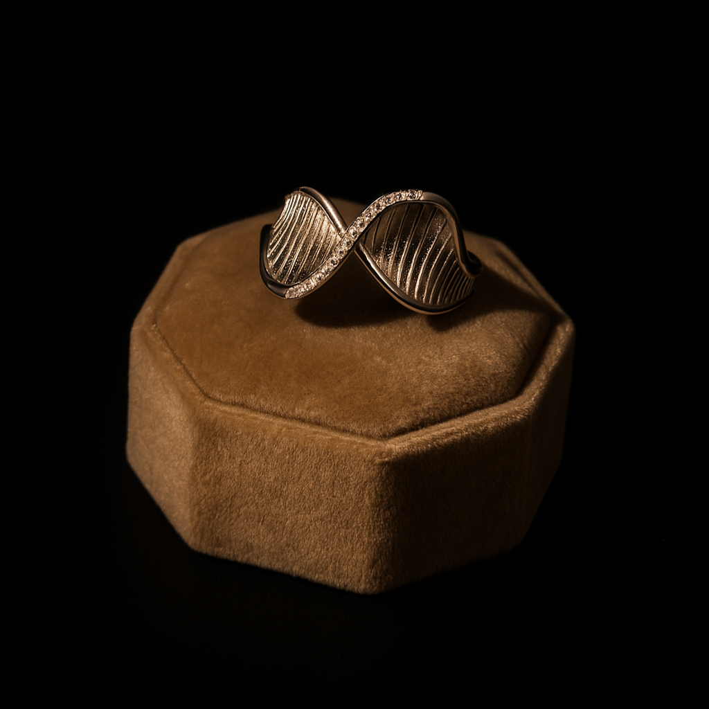Gold ring on a brown hexagonal jewelry box against a black background