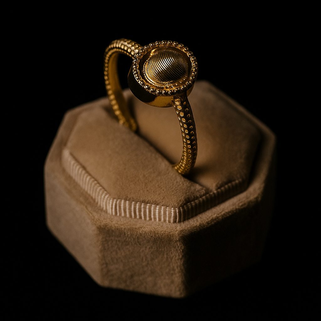 Gold ring on a brown hexagonal cushion against a black background
