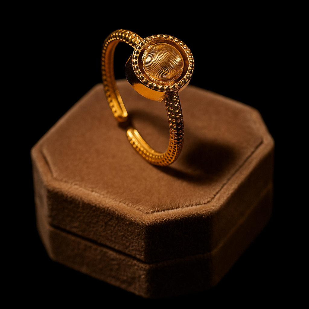 Gold ring on a brown hexagonal cushion against a black background