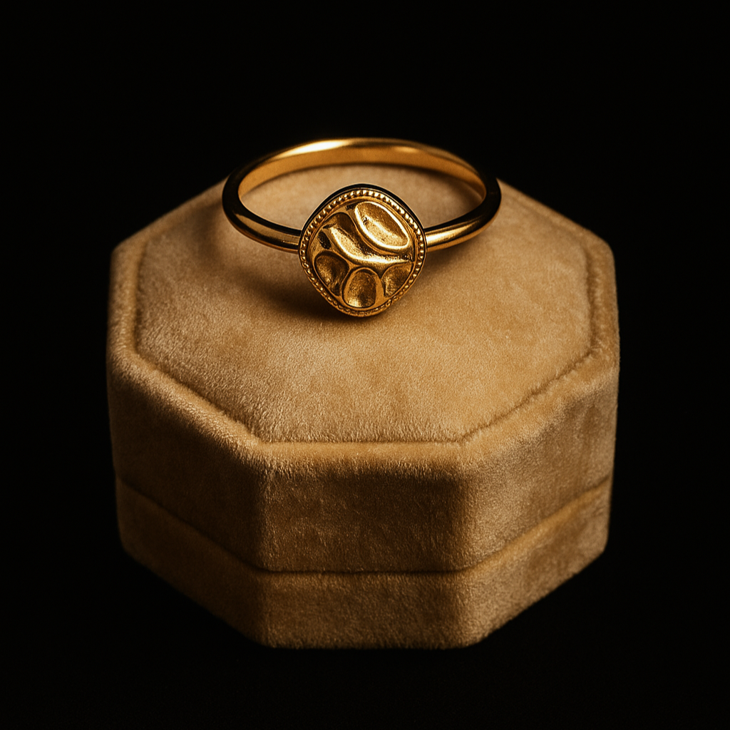 Gold ring on a hexagonal brown velvet box against a black background